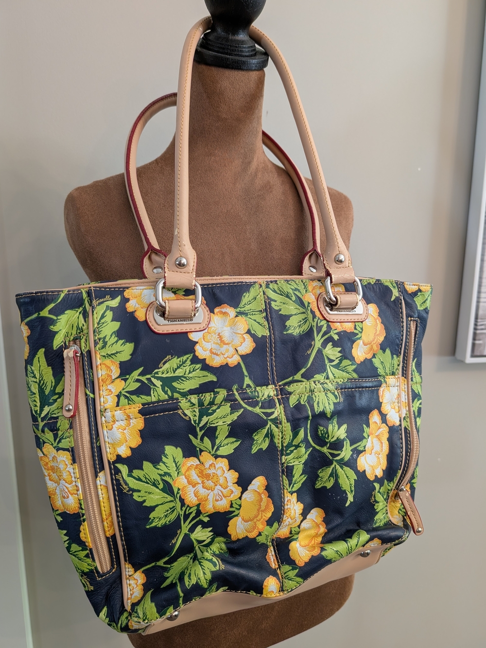 Tiganello Large Navy Floral Tote with Yellow Bloom and Tan Handles